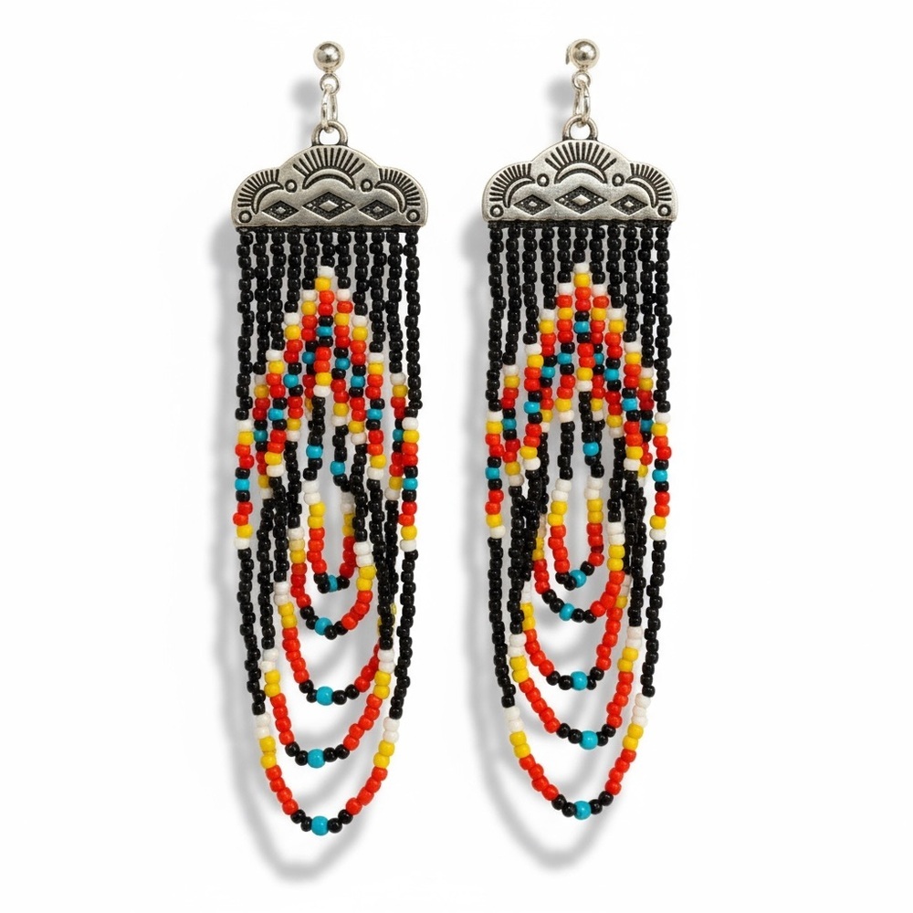 Southwestern Seed Bead Tassel Earrings Hand Crafted Sterling Silver Hardware